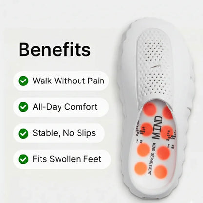 Promotional footwear graphic with a footbed illustration and feature list.