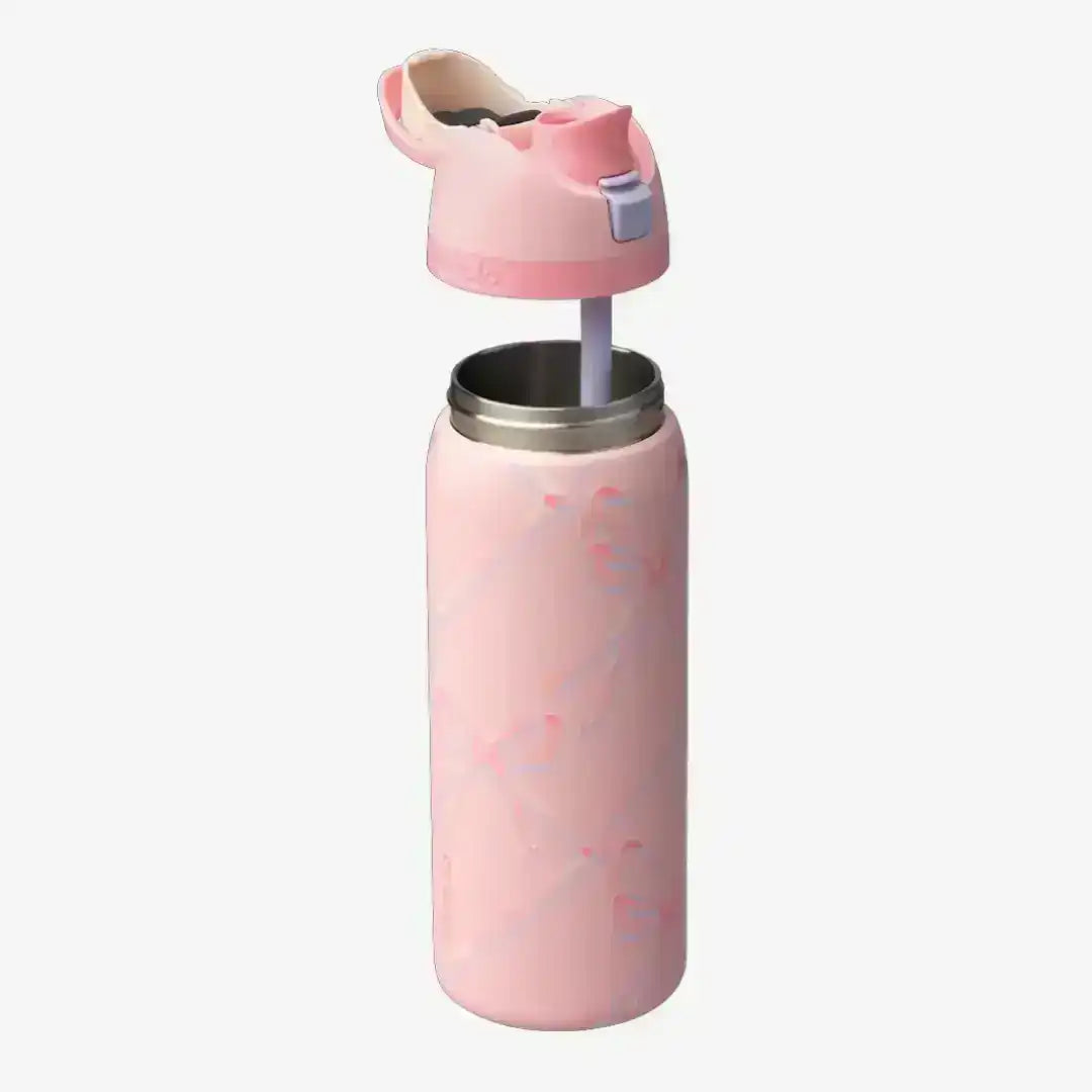 Reusable bottle with a hinged lid and carry loop, product views.