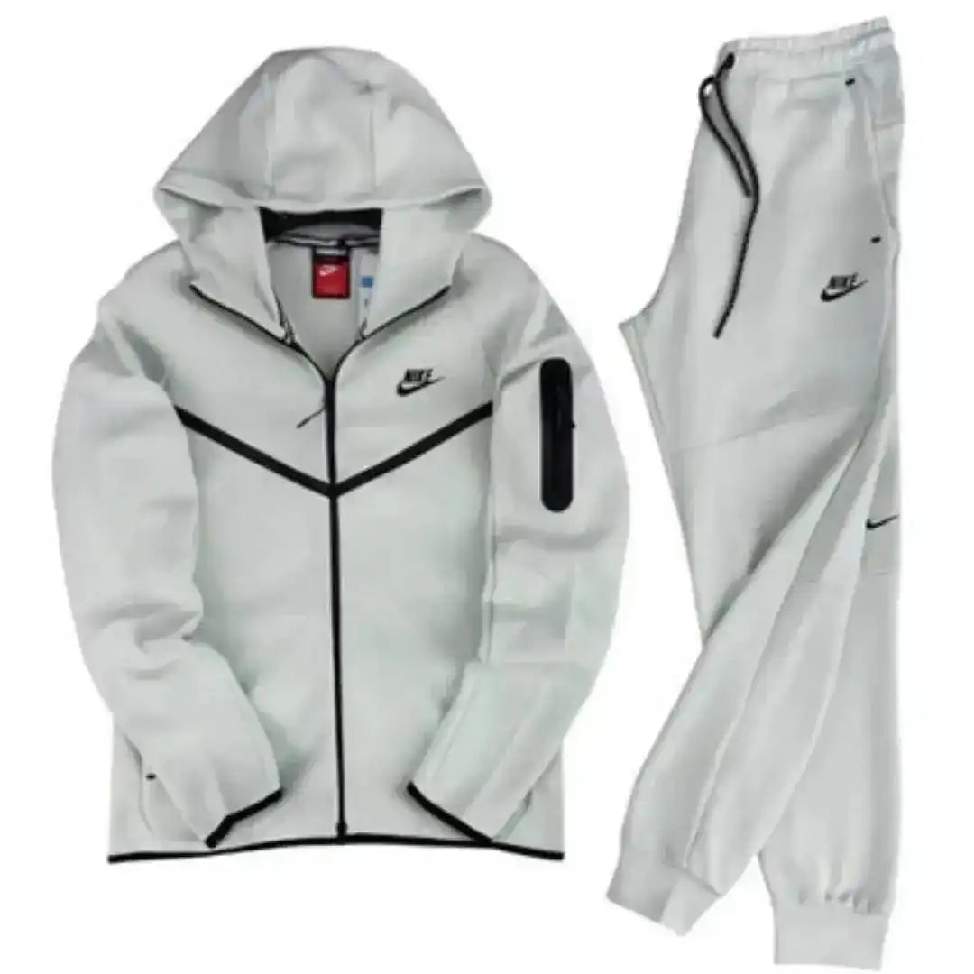 Hooded zip-front sweatshirt and matching joggers with contrast panel details.