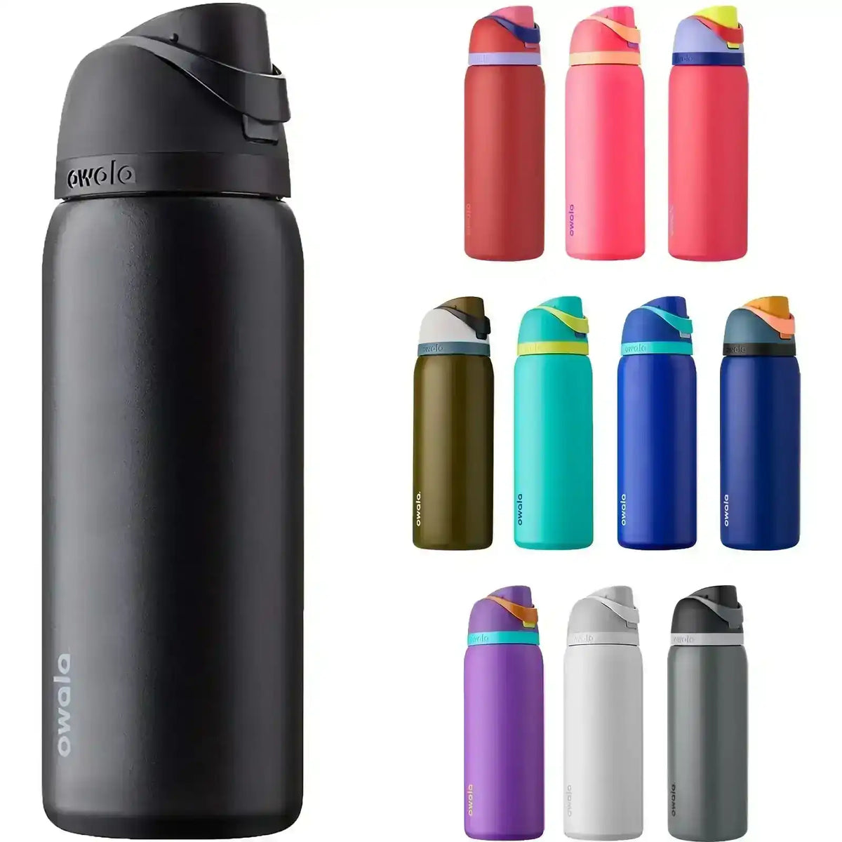 Collection of insulated bottles in various colors with the brand 'Owala' displayed.