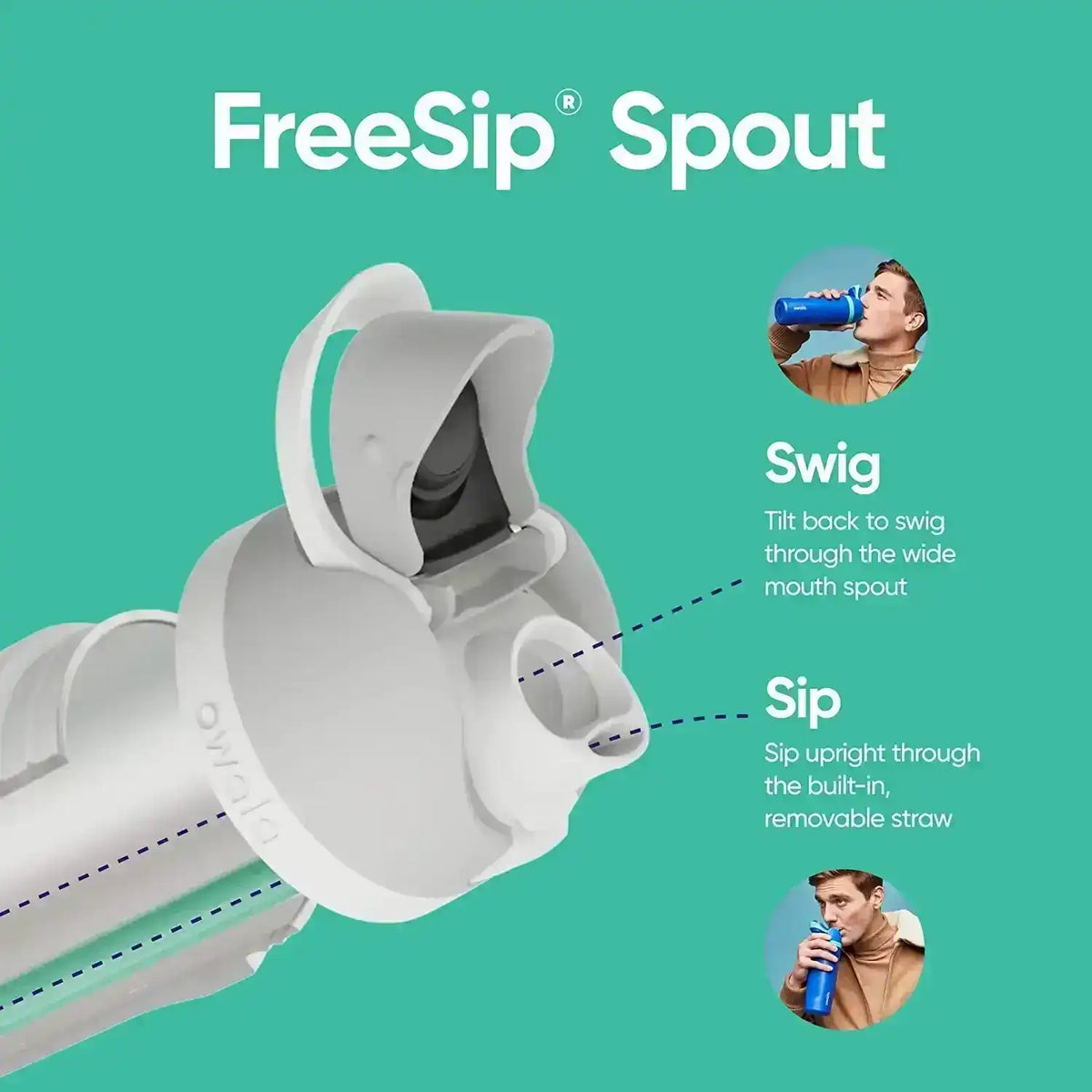 FreeSip Spout product with user instructions on a teal background