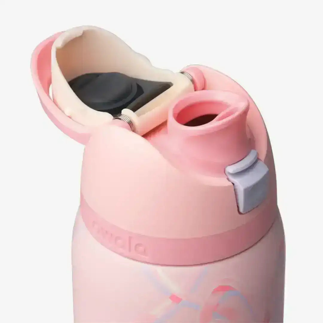 Pink bottle with open hinged lid, showing straw and drinking openings.