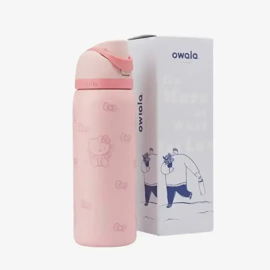 Pink patterned bottle beside its retail box.
