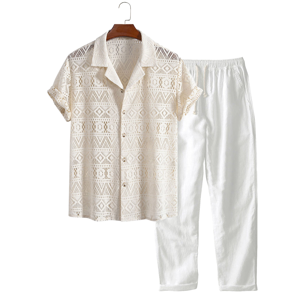 Patterned openwork short-sleeve shirt and drawstring pants, hanging product view.