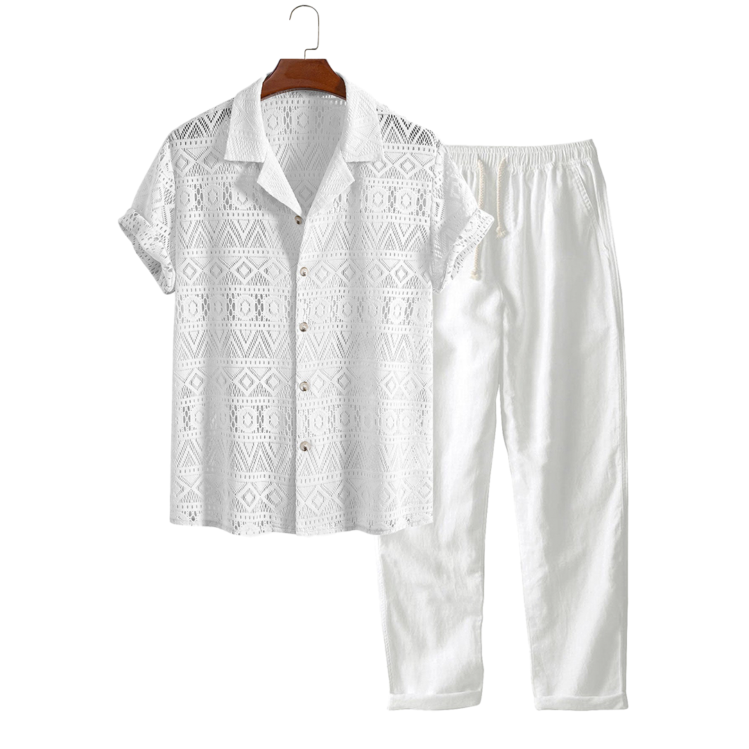 Patterned openwork short-sleeve shirt and drawstring pants, hanging product view.