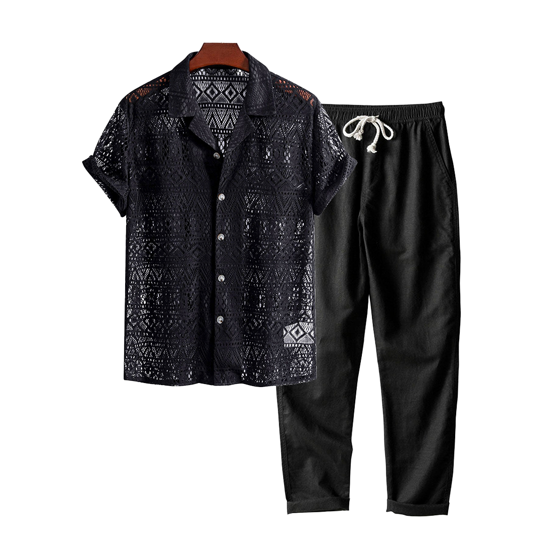 Patterned openwork short-sleeve shirt and drawstring pants, hanging product view.