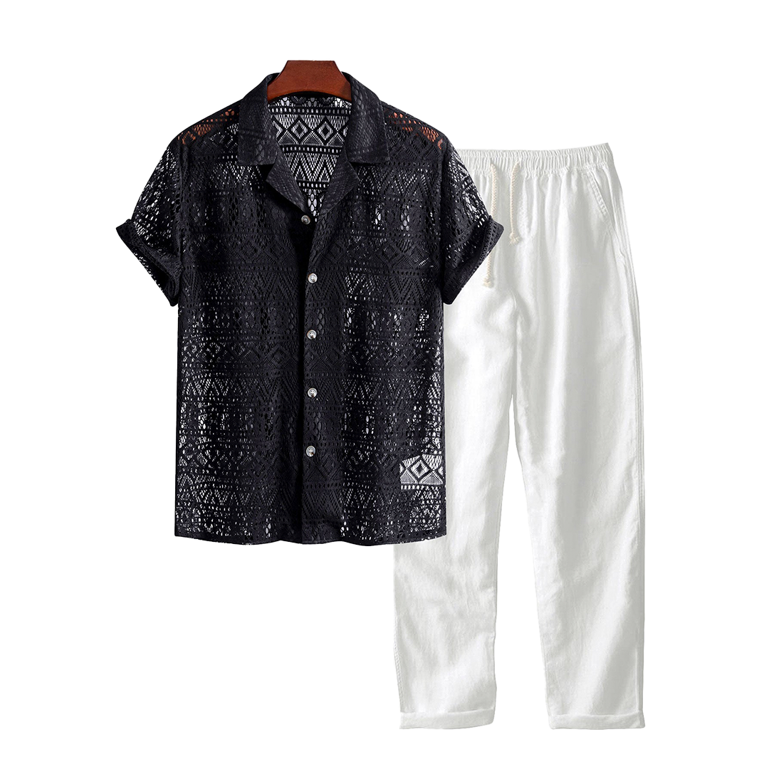Patterned openwork short-sleeve shirt and drawstring pants, hanging product view.