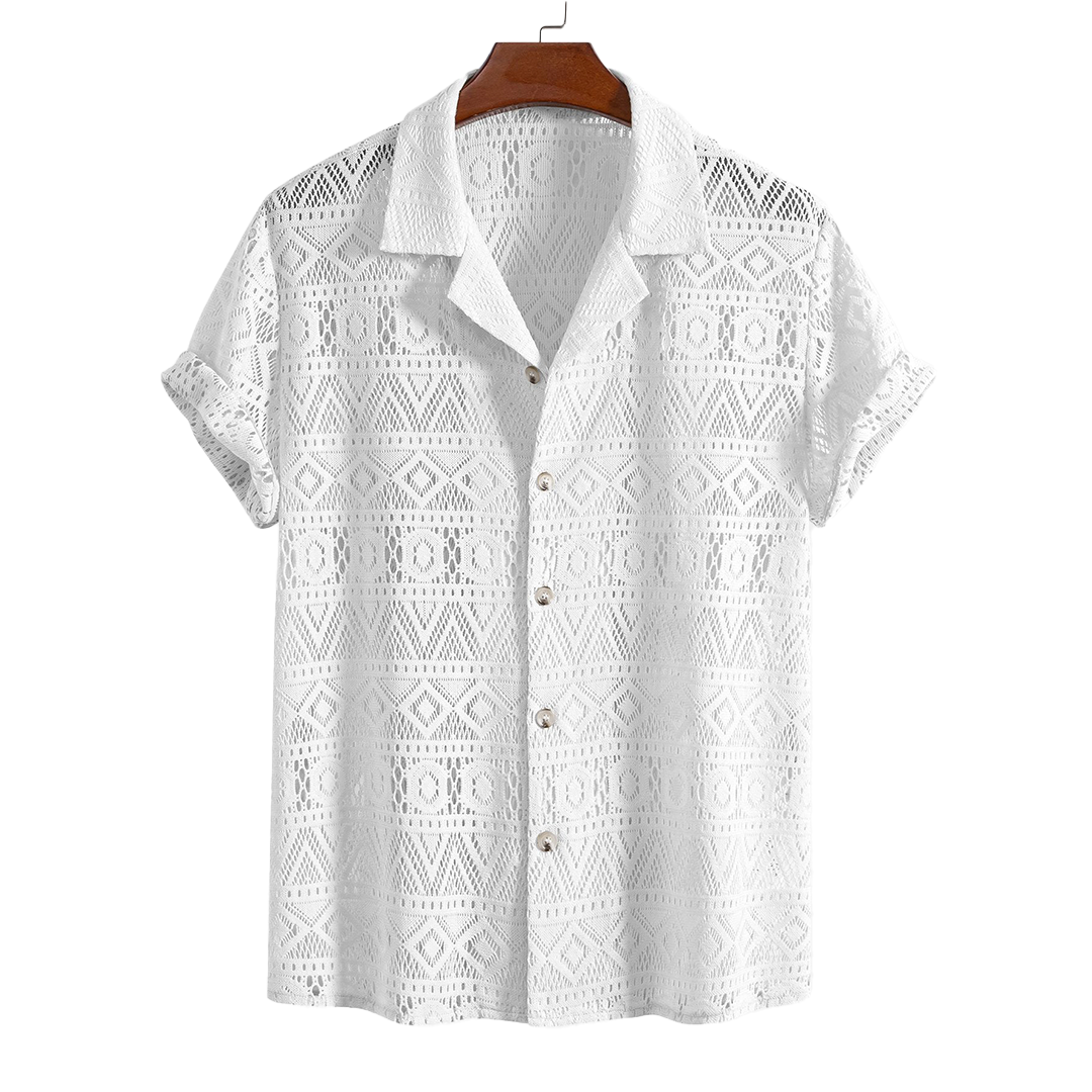 Patterned openwork short-sleeve button-up shirt, hanging product view.