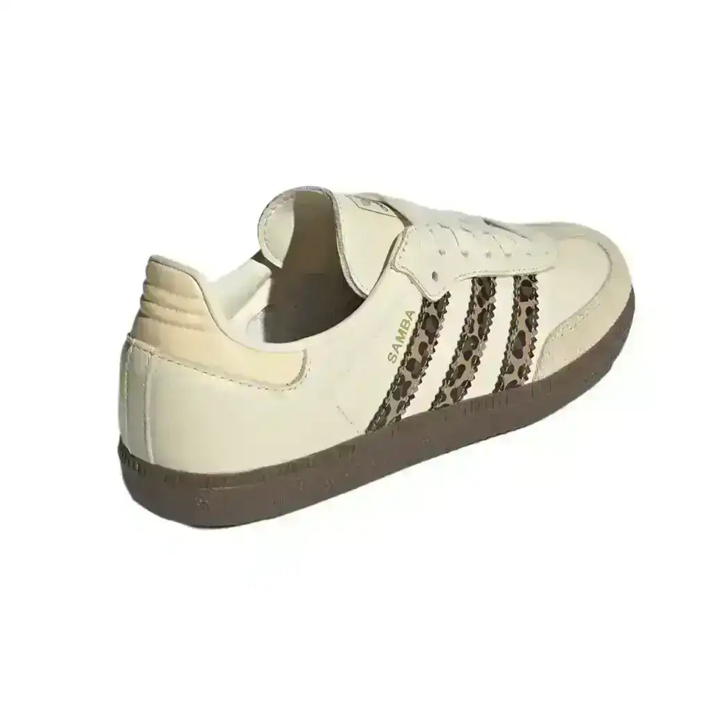 Adidas Samba Leopard edition sneaker combining timeless indoor soccer heritage with a bold patterned stripe design for modern lifestyle wear.
