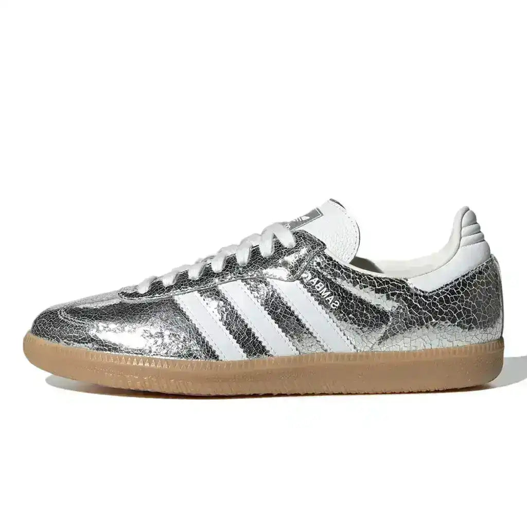 studio shot adidas samba og silver metallic sneakers with gum sole