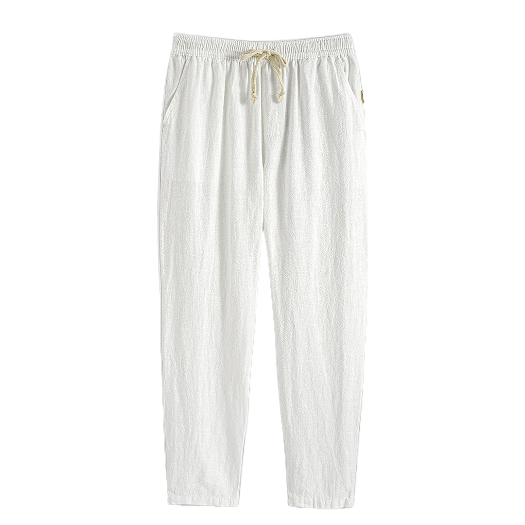 Straight-leg drawstring pants in dark and light colors.
