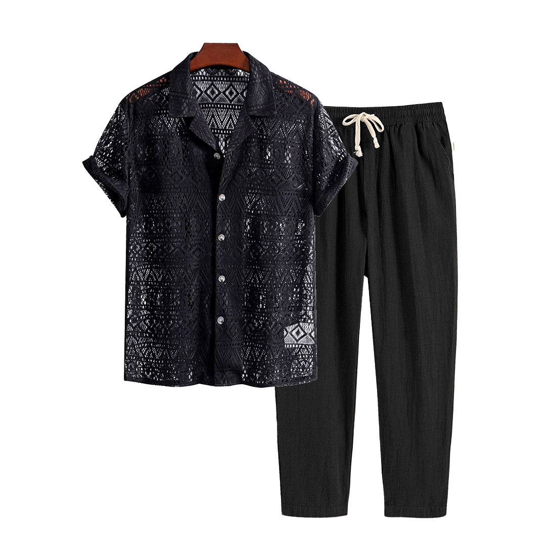 Patterned openwork short-sleeve shirt and drawstring pants, hanging product view.
