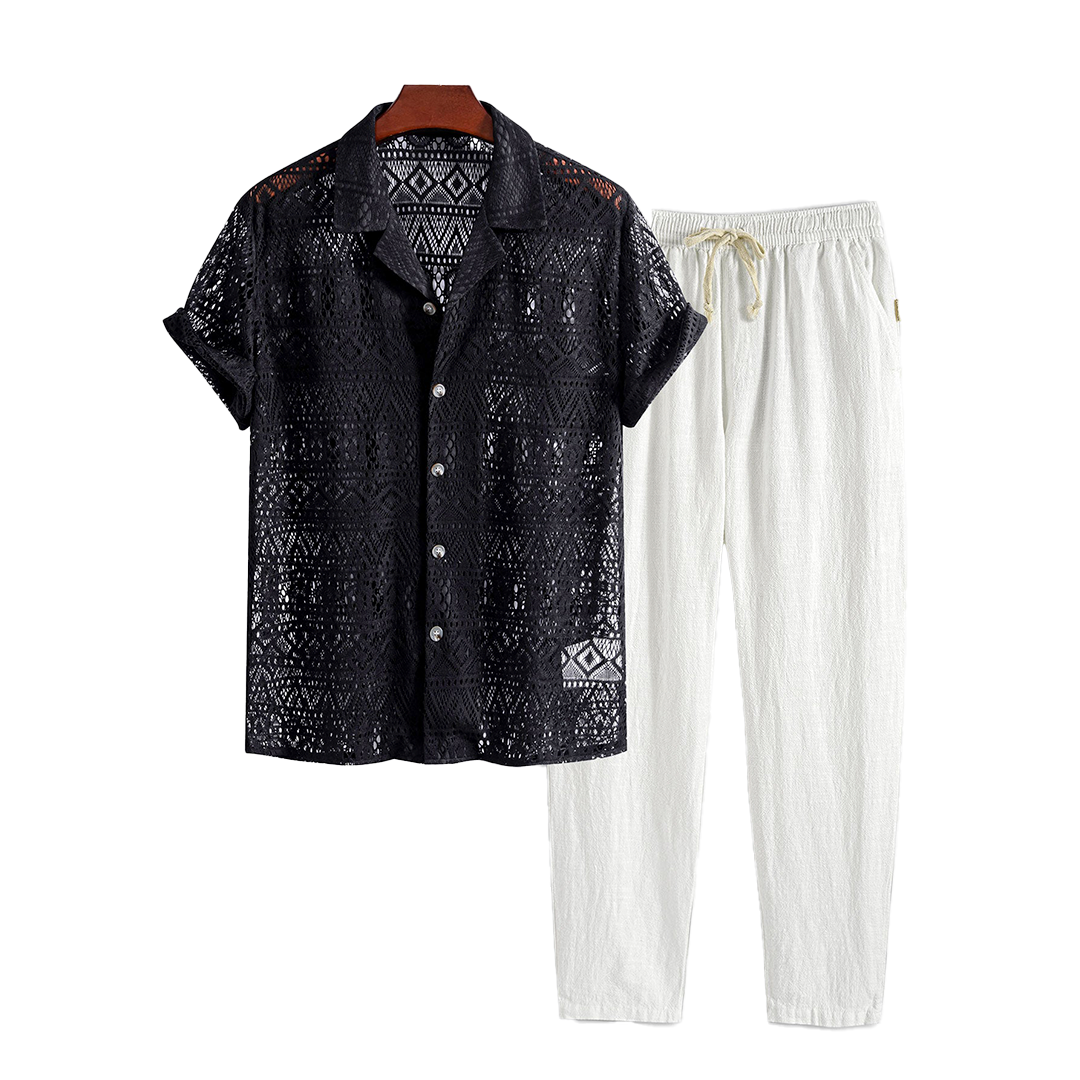 Patterned openwork short-sleeve shirt and drawstring pants, hanging product view.