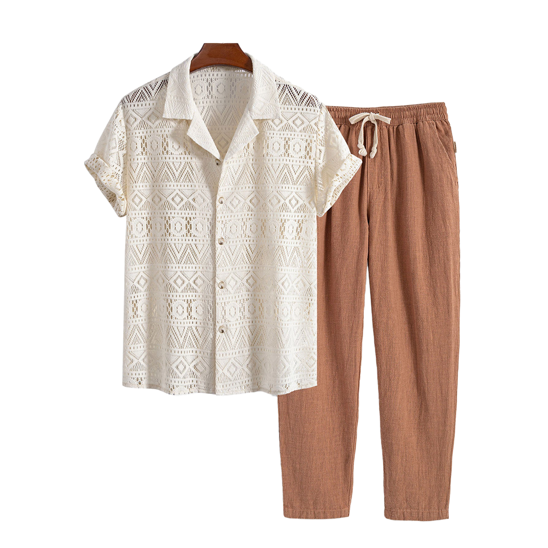 Patterned openwork short-sleeve shirt and drawstring pants, hanging product view.