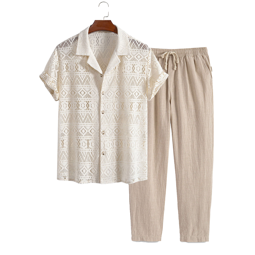 Patterned openwork short-sleeve shirt and drawstring pants, hanging product view.