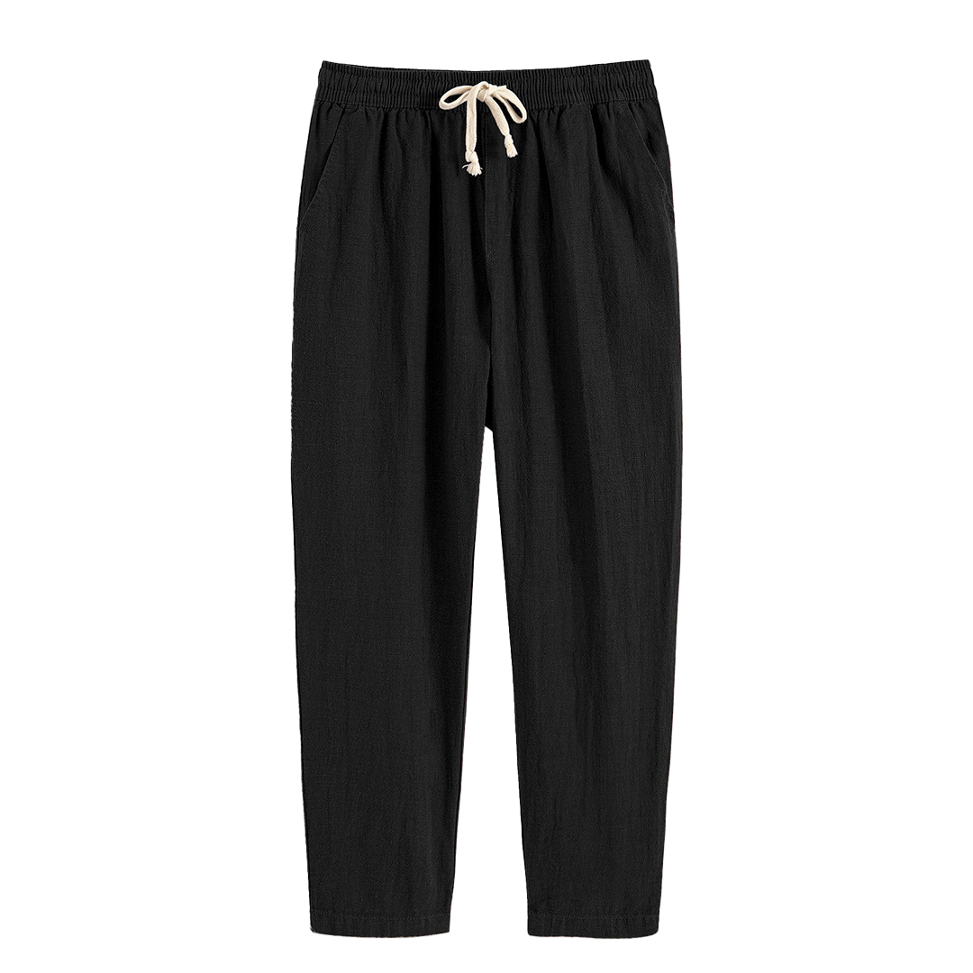 Straight-leg drawstring pants in dark and light colors.