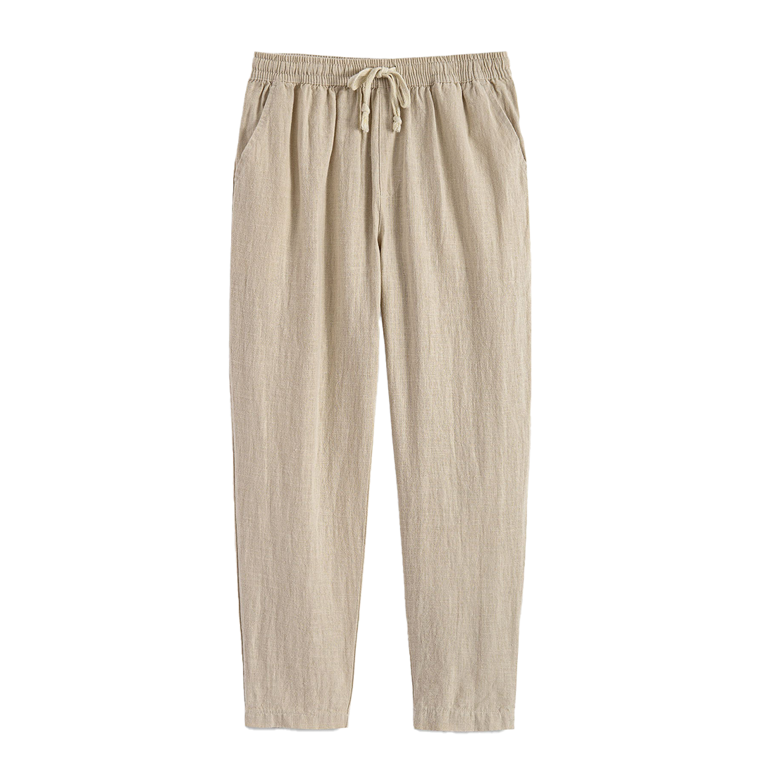 Straight-leg drawstring pants in dark and light colors.