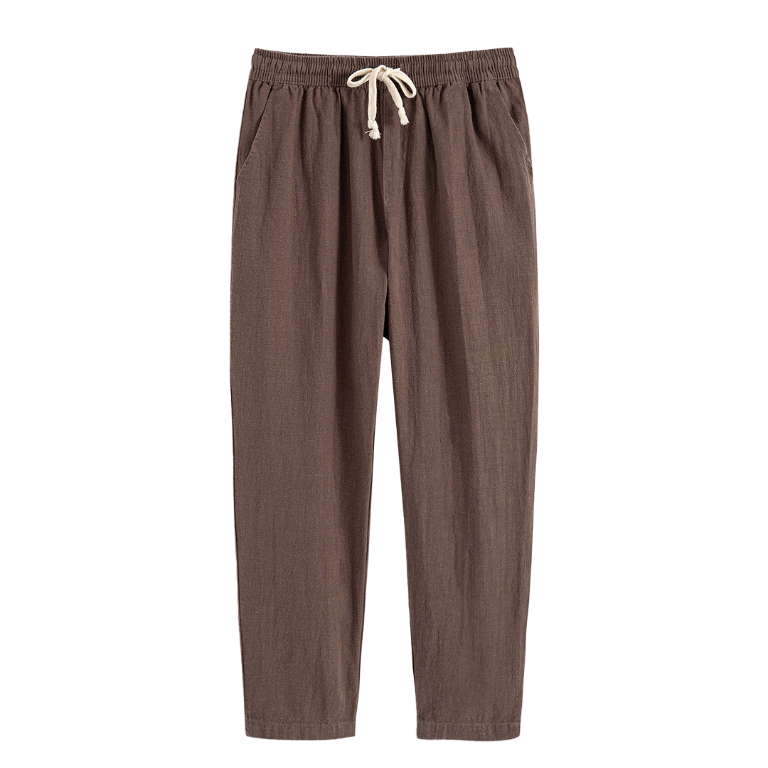 Straight-leg drawstring pants in dark and light colors.