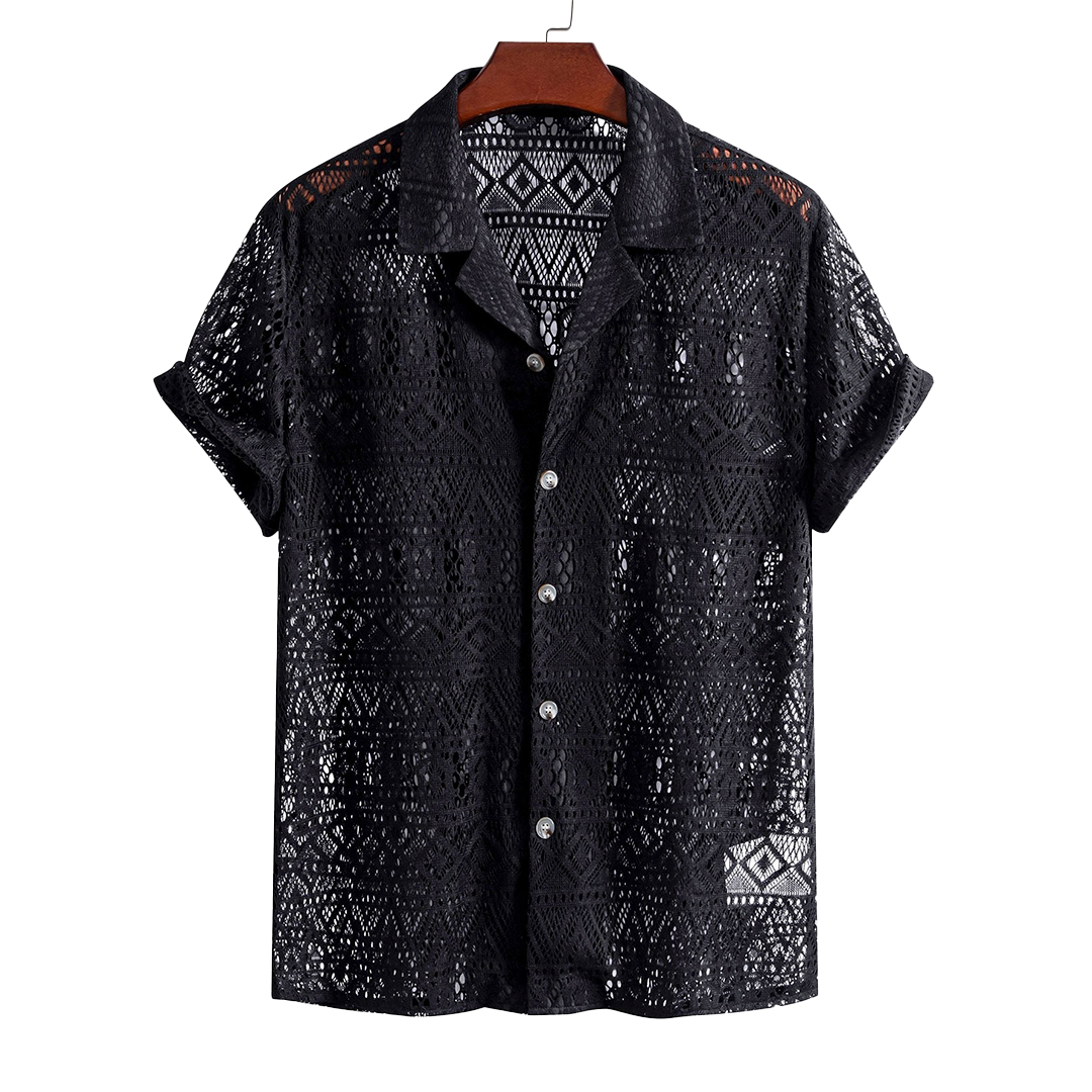 Patterned openwork short-sleeve button-up shirt, hanging product view.