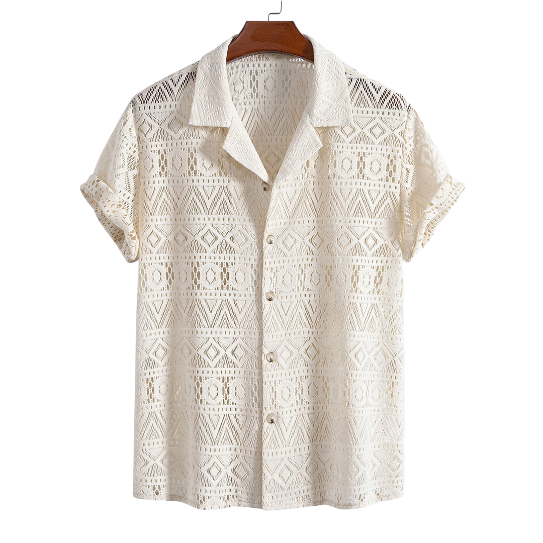 Patterned openwork short-sleeve button-up shirt, hanging product view.