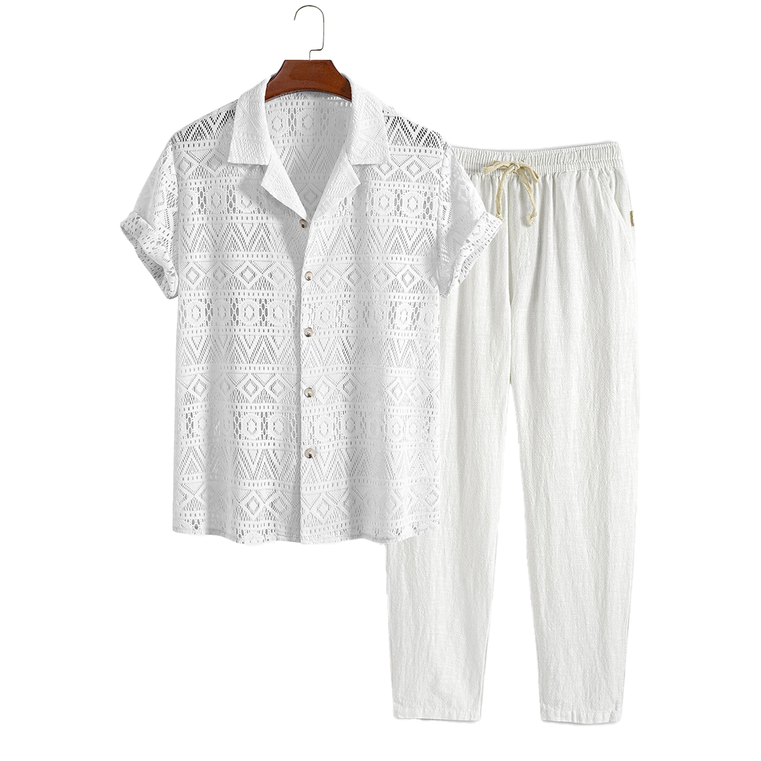Patterned openwork short-sleeve shirt and drawstring pants, hanging product view.