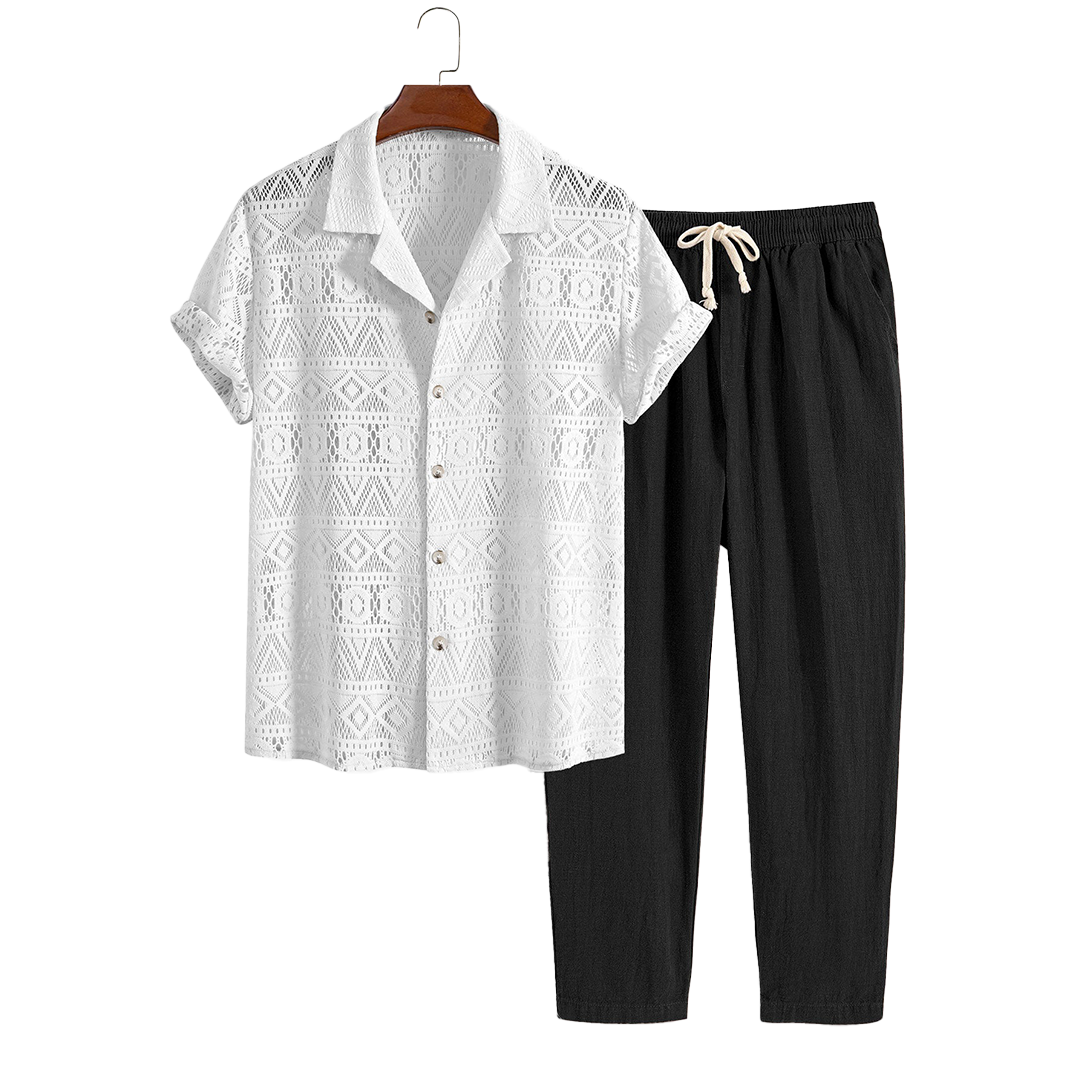 Patterned openwork short-sleeve shirt and drawstring pants, hanging product view.
